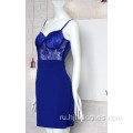 Женское синее кружевное платье без бретелек с подкладкой на груди